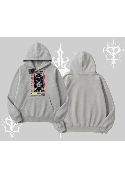 Startmore Kapşonlu Sweatshirt Anime Devils Girl Japanese Style Baskılı Gri