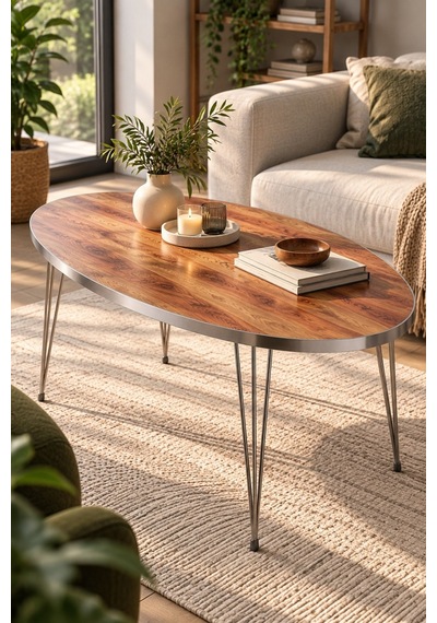 Sulorahome Ceviz Desenli Oval Orta Sehpa Gümüş Metal Ayaklı
