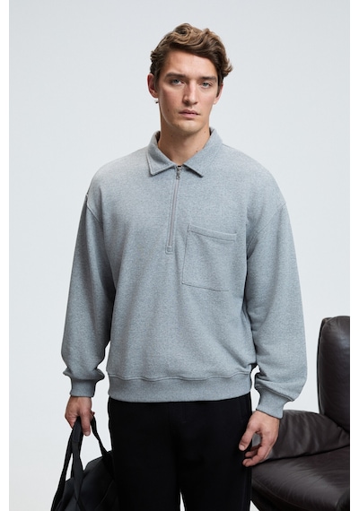 Grimelange AUGUST Erkek %100 Pamuk Yarım Fermuarlı Yakalı Cepli Süs Etiketli Grimelanj Sweatshirt
