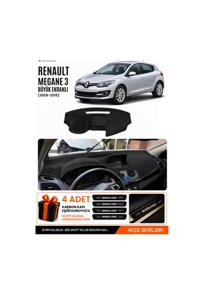 Renault Megane 3 Büyük Ekran 2008-2015 Uyumlu Torpido Örtüsü, Torpido Kılıfı - Siyah