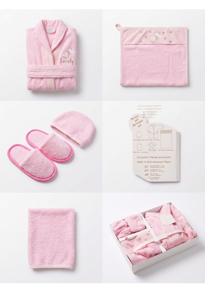 Leylek Yeni Doğan Bornoz Seti - Pembe Lovely Açık Pembe