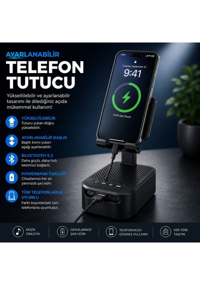 3 Ü 1 Arada Bluetooth Hoparlör Powerbank Ve Telefon Tutucu Özellikli Tf Kart Ve Usb Bellek Destekli Telefon Tutuculu Bluetooth Hoparlör
