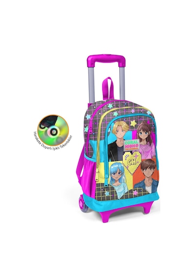Coral High Gri Mavi Pembe Anime Desenli Üç Bölmeli Çekçekli Okul Sırt Çantası 23937