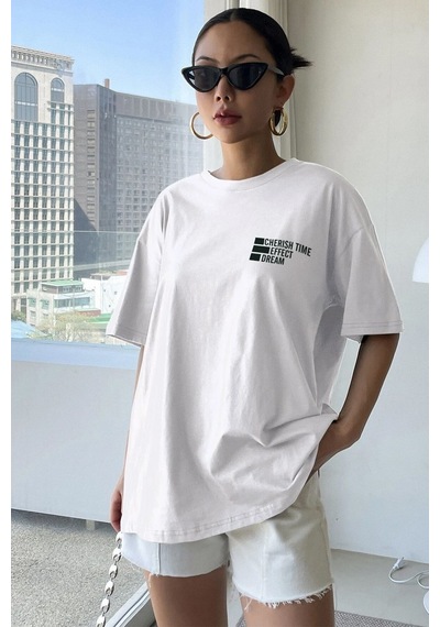 Flood Of Style Kadın Beyaz Cherish Time Baskılı Oversize