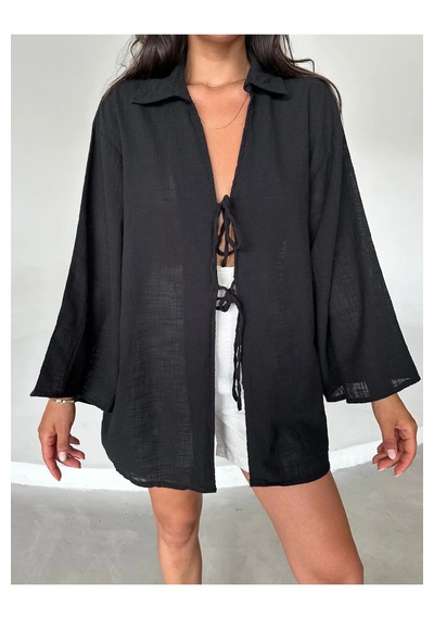 Laluvia Siyah %100 Keten Bağcık Detaylı Kimono Bluz Siyah