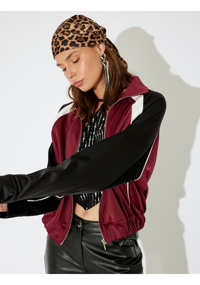 Koton Koton X İnji - Fermuarlı Dik Yaka Renk Bloklu Rahat Kalıp Sweatshirt Bordo 5wal10673ık Bordo