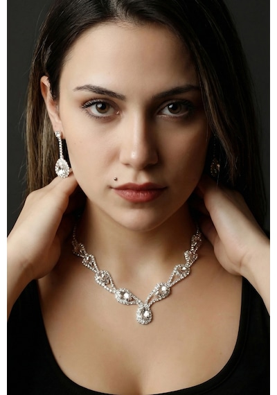 Accessories Hürrem Model Janjan Taşlı Kolye Küpe Takı Seti - Gelin Düğün Nişan Abiye Set Gümüş