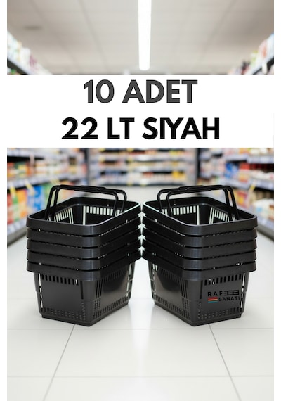 10 Adet / 22 Litre Plastik Market Alışveriş Sepeti Profesyonel Market Mağaza El Sepeti Siyah