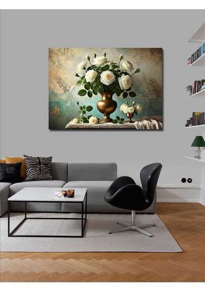 Kanvas Tablo Beyaz Çiçek Vazosu 50cmx70cm