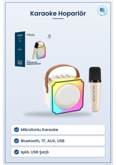 Karaoke Mikrofonlu Taşınabilir Bluetooth Hoparlör Işıklı Usb Şarj