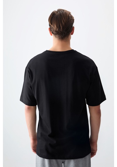 Air Jones Tommy Life Siyah %100 Pamuk Kalın Yumuşak Dokulu Oversize Fit Baskılı Erkek T-shirt - 88358 Siyah