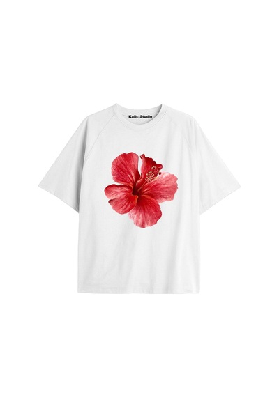 Kalic Studio Kadın Çiçek Özel Baskılı Renkli Oversize Penye Pamuklu Bisiklet Yaka T-shirt Beyaz-21