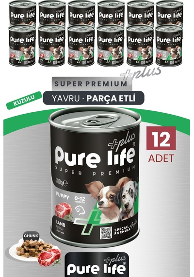 Purelife Plus 12'li Kuzulu Yavru Puppy Köpek Konserve Chunk Parça Etli Yaş Mama 400 G
