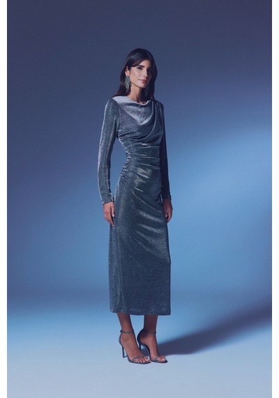 Sateen Simli Midi Elbise - Antrasit-135360 Antrasit