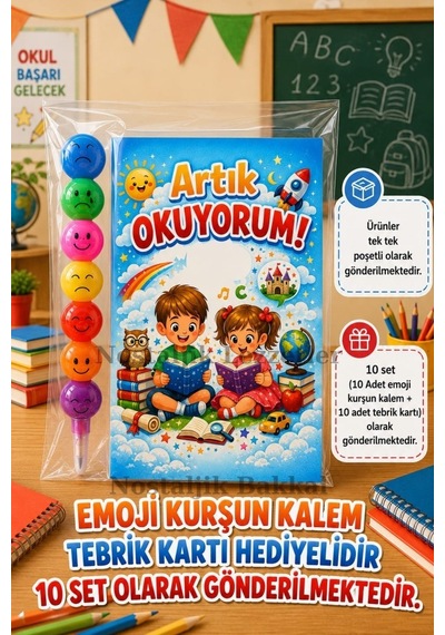 Yeni Okumayı Öğrenen Öğrencilere Hediye 10 Set Artık Okuyorum Yazılı 1. Sınıf Hatırası Emoji Kurşun Kalem Tebrik Kartı Hediyeli