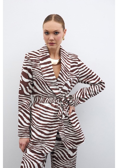 Sateen Kuşaklı Zebra Ceket - Kahve-135433 Kahve