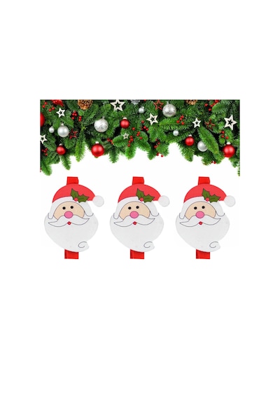 Yılbaşı Noel Baba Desenli Dekoratif Mandal 6'lı