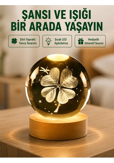 Yonca Figürlü Cam Küre Usb Işıklı Ahşap Tabanlı Dekoratif Masa Lambası Najmaddin Çok Renkli