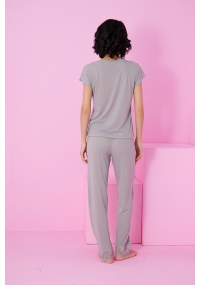 Siyah İnci Soft Touch İnce Mevsimlik Dantel Detaylı Örme Pijama Takım7864 Gri