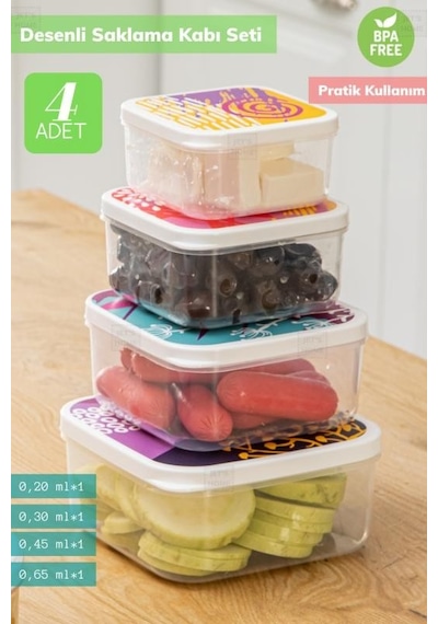 4 Lü Desenli Saklabı Kabı Seti Erzak Kabı Buzdolabı Kabı Kare Bpa Free Şeffaf
