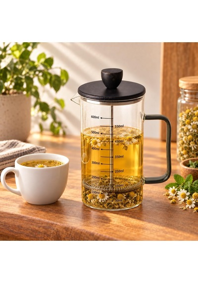 Siyah Bambu Kapaklı French Press, 600 Ml Ölçülü Borosilikat Cam Kahve Ve Bitki Çayı Demliği, Siyah Cam Kulplu Diğer