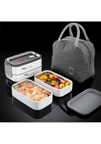 Valkyrie 1350 Ml Termal Yemek Kabı Seti Çelik Bölmeli Sızdırmaz Lunch Box + Isı Yalıtımlı Çanta Beyaz - Gri