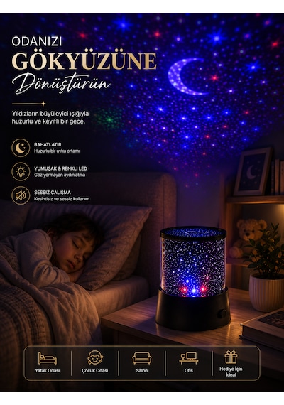 Yıldızlı Ay Projeksiyon Gece Lambası Usb & Pilli Oda Dekoru Çok Renkli