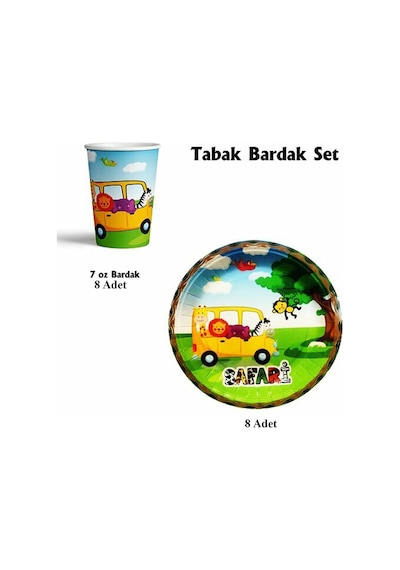 Safari Doğum Günü Konsepti Tabak Bardak Set 8'li Tüm Yaşlar