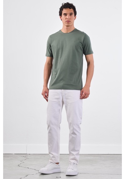 Dufy Haki Bisiklet Yaka Pamuklu Düz Renk Slim Fit Erkek T-shirt Haki