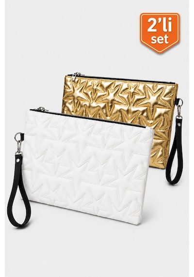 Adelina Bags 2'li Çanta Paketi Yıldız Desenli Portföy El Çantası Bilek Askılı Clutch Çanta Beyaz