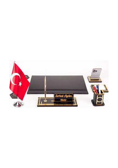 Sümen Takımı Kişiye Özel Ahşap İsimlikli Mermer Desenli Türk Bayraklı 10 Parça Siyah