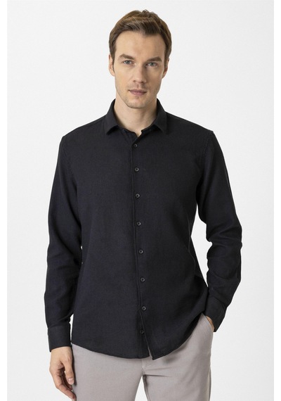 Süvari Siyah Slim Fit Desenli Klasik Yaka Gömlek