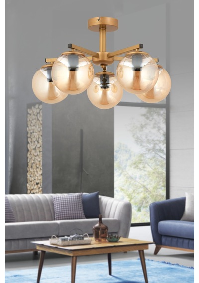 Lamela Bal Rengi Glob Camlı 5'li Modern Eskitme Plafonyer Avize Salon Oturma Odası Eskitme Eskitme