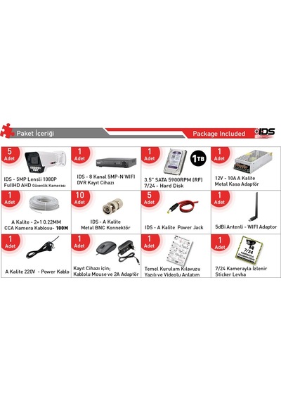 5 Kameralı Gece Görüşlü 5mp Lensli Fullhd Gece Görüşlü 9 Led Kamerası Seti - 1tb