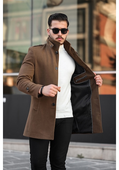 Mero Life Erkek Taba Dar Kesim Dik Yaka Uzun Kaşe Kaban-Taba