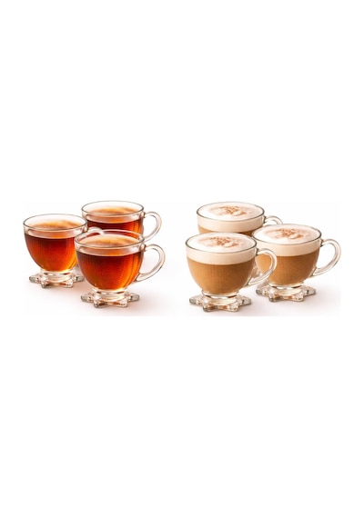 Tr 6'li Cam Çay Fincanı Seti 210 Ml Yıldız Ayaklı Kendinden Desenli Kulplu Çay,kahve Fincanı Takımı Şeffaf Genel
