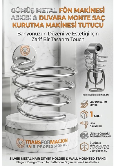 Transformacion Gümüş Metal Fön Makinesi Askısı Duvara Monte Saç Kurutma Makinesi Tutucu 719681