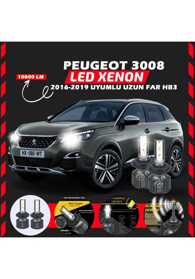 Peugeot 3008 2016-2019 Uzun Far Uyumlu Şimşek Etkilii Led Xenon Premium Series Hb3