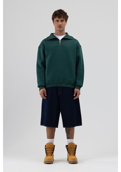 Vamos Basic Fermuarlı Dik Yaka Sweatshirt Nefti