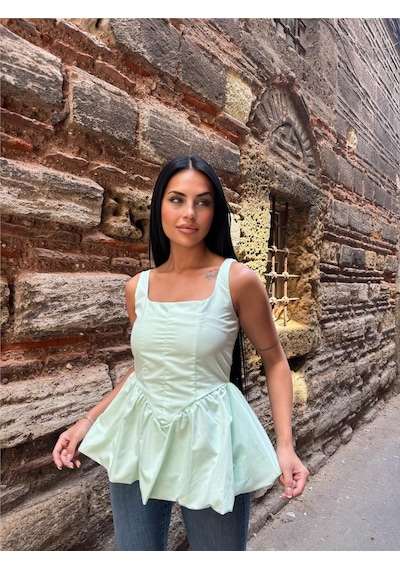 WeShaya Mint Pamuk Polyester Kare Yaka Bluz Mint