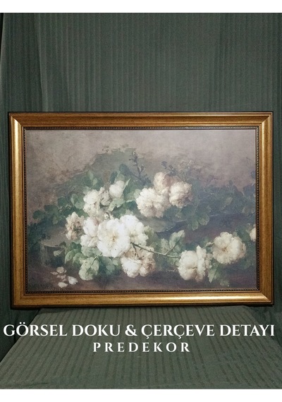 Antika Gold Çerçeveli Yatay Vintage Gül Dalı Tablosu - Nostaljik Salon Duvar Dekoru 80x60cm