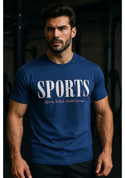 Rich Erkek Lacivet Basic T-shirt Baskılı Slim Fit %100 Pamuk Tişört Lacivert