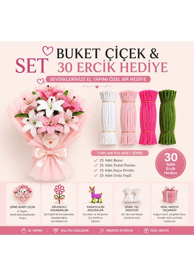 Şönil Çiçek Yapım Seti 100 Adet Beyaz,pastel Pembe,k.pembe,ordu Yeşili