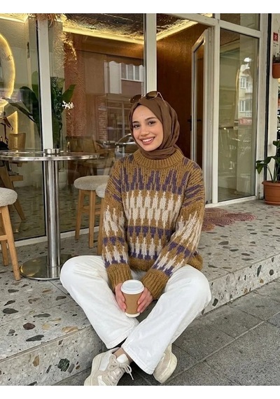 Trend Paris Kadın Etnik Desenli, Bisiklet Yaka, Salaş Triko Kazak - Standart Beden Camel