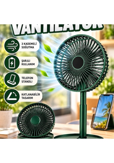 Katlanabilir Şarjlı Mini Vantilatör Telefon Standlı 3 Kademeli Soğutucu Fan