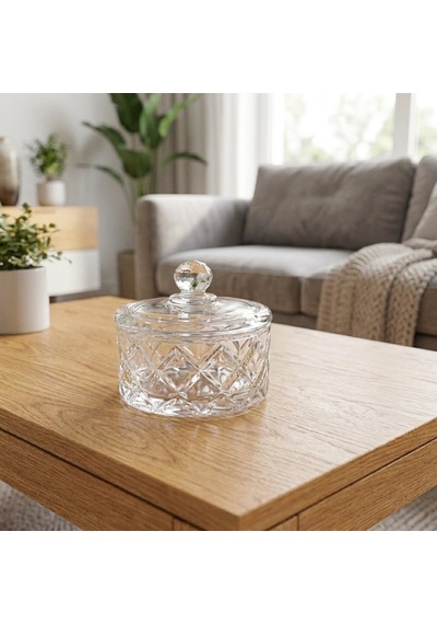 Kare Kesme Desen Kristal Kulplu Kapaklı Cam Çerezlik Şekerlik 10 10 Cm Şeffaf