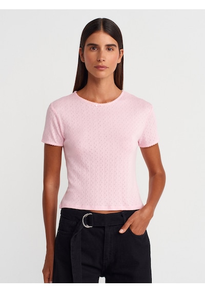 Dilvin 31795 Fiyonk Detaylı Kısa Kollu Kontrast T-shirt-toz Pembe Toz Pembe