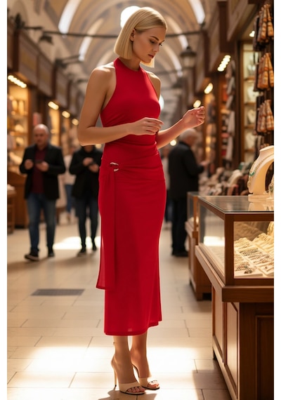 Benerly Kadın Halter Yaka Bodycon Midi Elbise %100 Polyester Kolsuz Astar Kırmızı