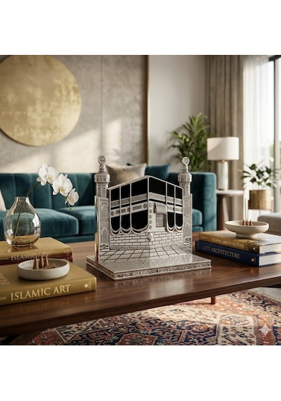 Allah & Muhammed S.a.v Kabe Kapısı Figürlü Özel Tasarım Gümüş Renkli Masa Üstü Biblo 25 Cm