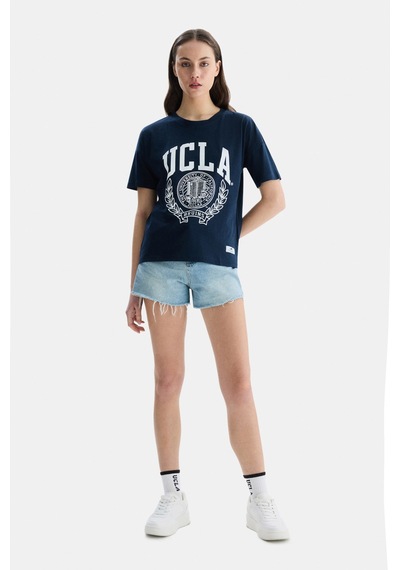 Avalon Lacivert Bisiklet Yaka Baskılı Oversize Kadın Tshirt Lacivert